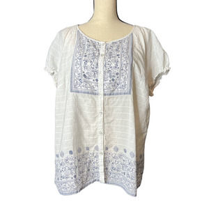 Heritage Collection by Bass Blouse in White with Blue White Floral Print Size XL